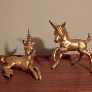Vintage Gold Leaf Unicorns Signed Freeman McFarland Pair Sculptures Art